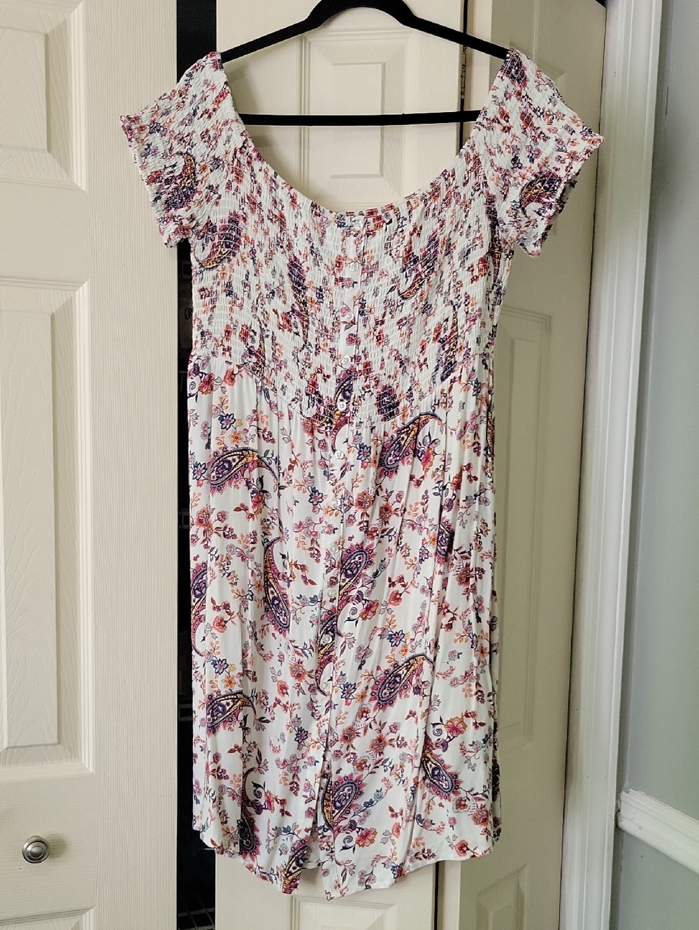 White Floral Paisley Smocked Off-Shoulder Dress